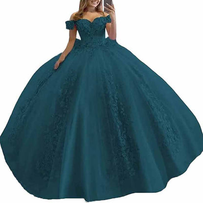 Off Shoulder Quinceanera Dress Flower Puffy Ball Gown Lace Beaded Prom Dress