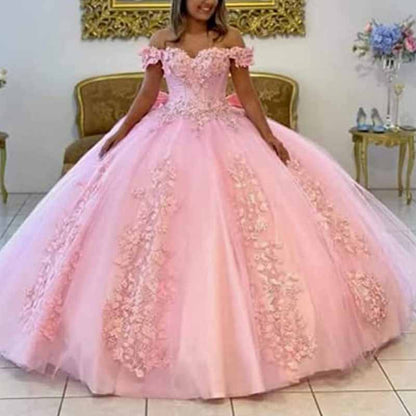 Off Shoulder Quinceanera Dress Flower Puffy Ball Gown Lace Beaded Prom Dress