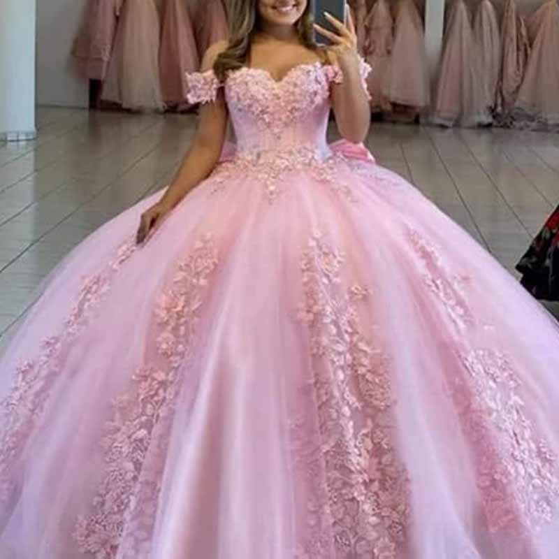 Off Shoulder Quinceanera Dress Flower Puffy Ball Gown Lace Beaded Prom Dress