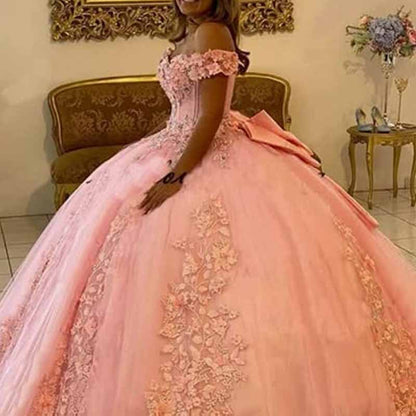 Off Shoulder Quinceanera Dress Flower Puffy Ball Gown Lace Beaded Prom Dress