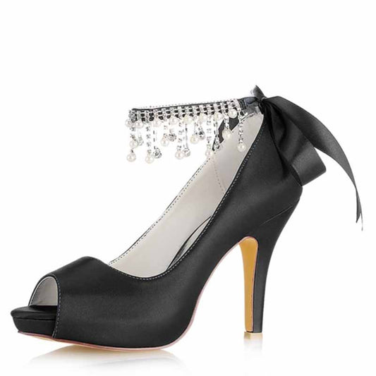 Elegant black beaded peep toe stilettos for women with ankle ribbon detailing and high heel
