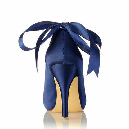 Elegant navy heels with a bow featuring beaded peep toe stilettos for women