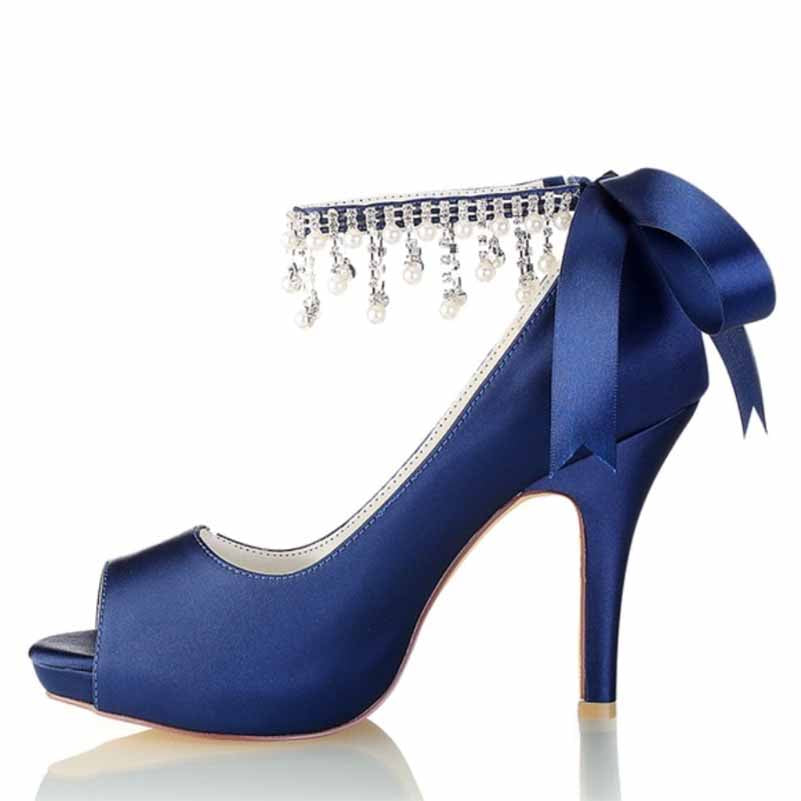 Navy Beaded Peep Toe Stilettos for Women with Elegant Ribbon Detail