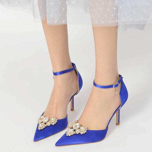 Stunning blue beaded pointed toe prom heels with elegant embellishments for a chic look