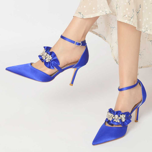 SD Dresscode beaded pointed toe pumps in blue with floral embellishments and ankle straps