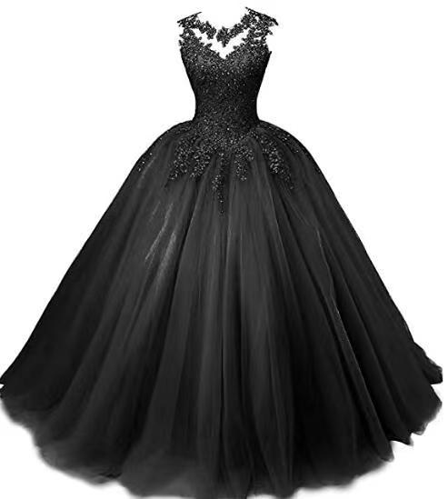 Elegant black beaded quinceanera dresses with a flattering V-neck and tulle skirt