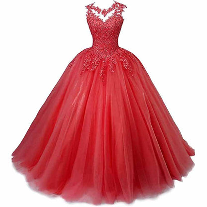 Stunning beaded quinceanera dresses in coral with a tulle skirt and elegant neckline detailing