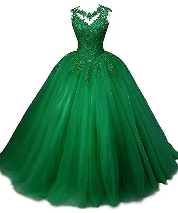 Stunning beaded quinceanera dresses featuring a green tulle ball gown with intricate details