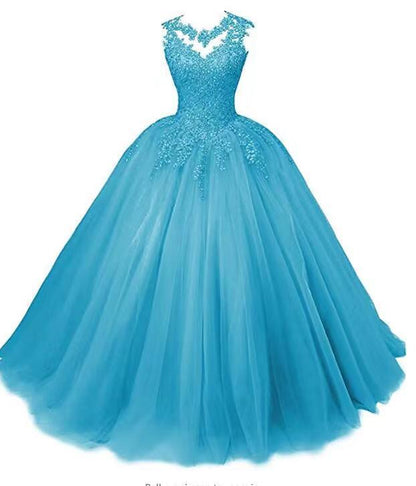 Elegant beaded quinceanera dresses in blue tulle featuring intricate beadwork and a fitted bodice