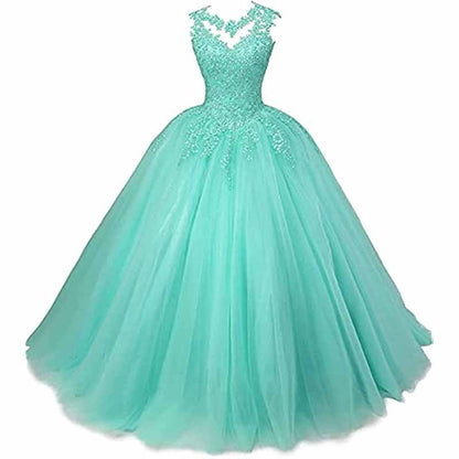 Elegant beaded quinceanera dresses in mint green with a full tulle skirt and stunning neckline