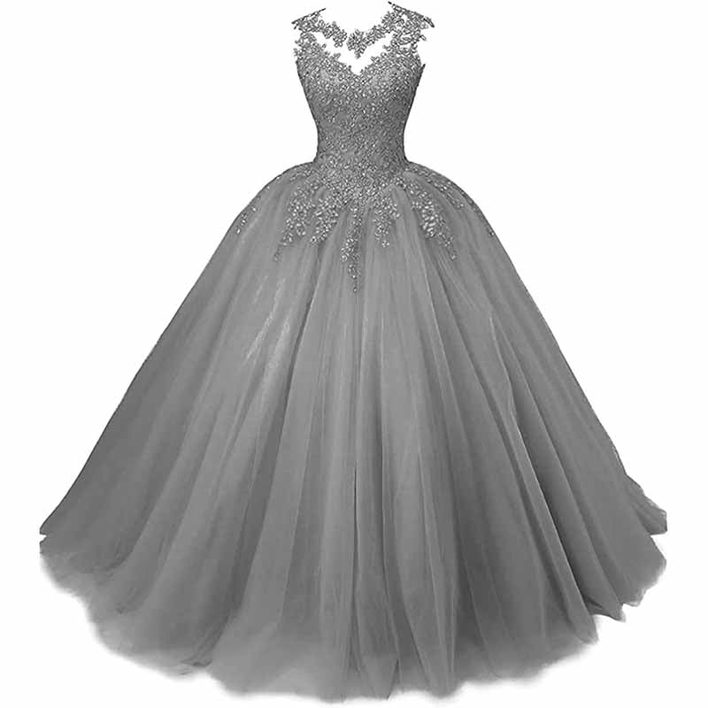 Elegant beaded quinceanera dresses with a full tulle skirt and delicate neckline detailing