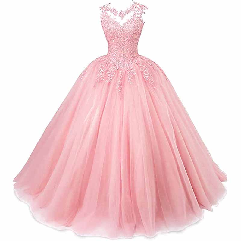 Elegant beaded quinceanera dresses in pink with a floral lace bodice and voluminous tulle skirt