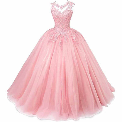 Elegant beaded quinceanera dresses in pink with a floral lace bodice and voluminous tulle skirt