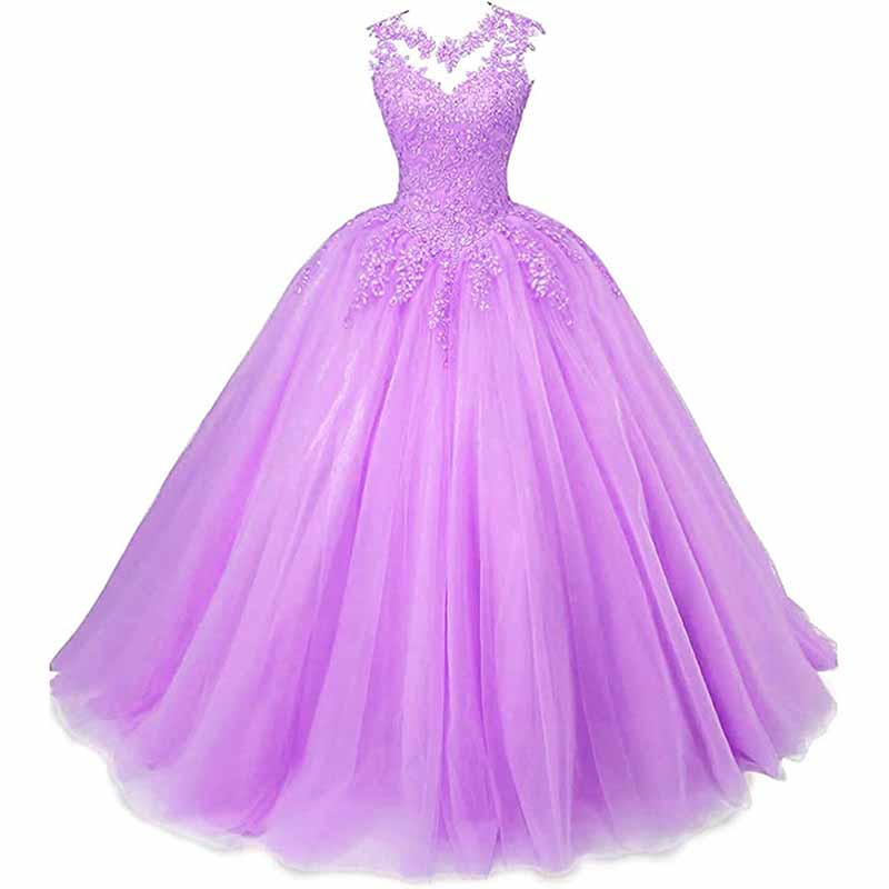 Lavender beaded quinceanera dresses with a flowing tulle skirt and elegant neckline details