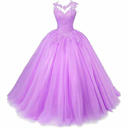Lavender beaded quinceanera dresses with a flowing tulle skirt and elegant neckline details