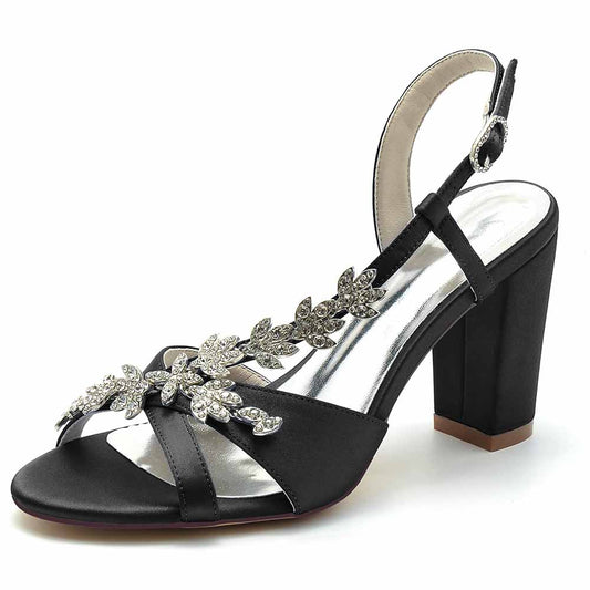 Stylish black beaded satin prom sandals with adjustable strap and decorative embellishments