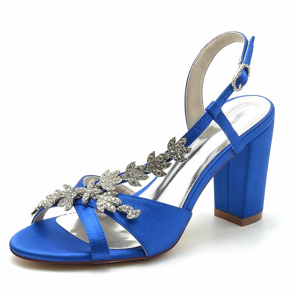 S&DCo. Blue Beaded Satin Prom Sandals with Elegant Floral Detail and Block Heel
