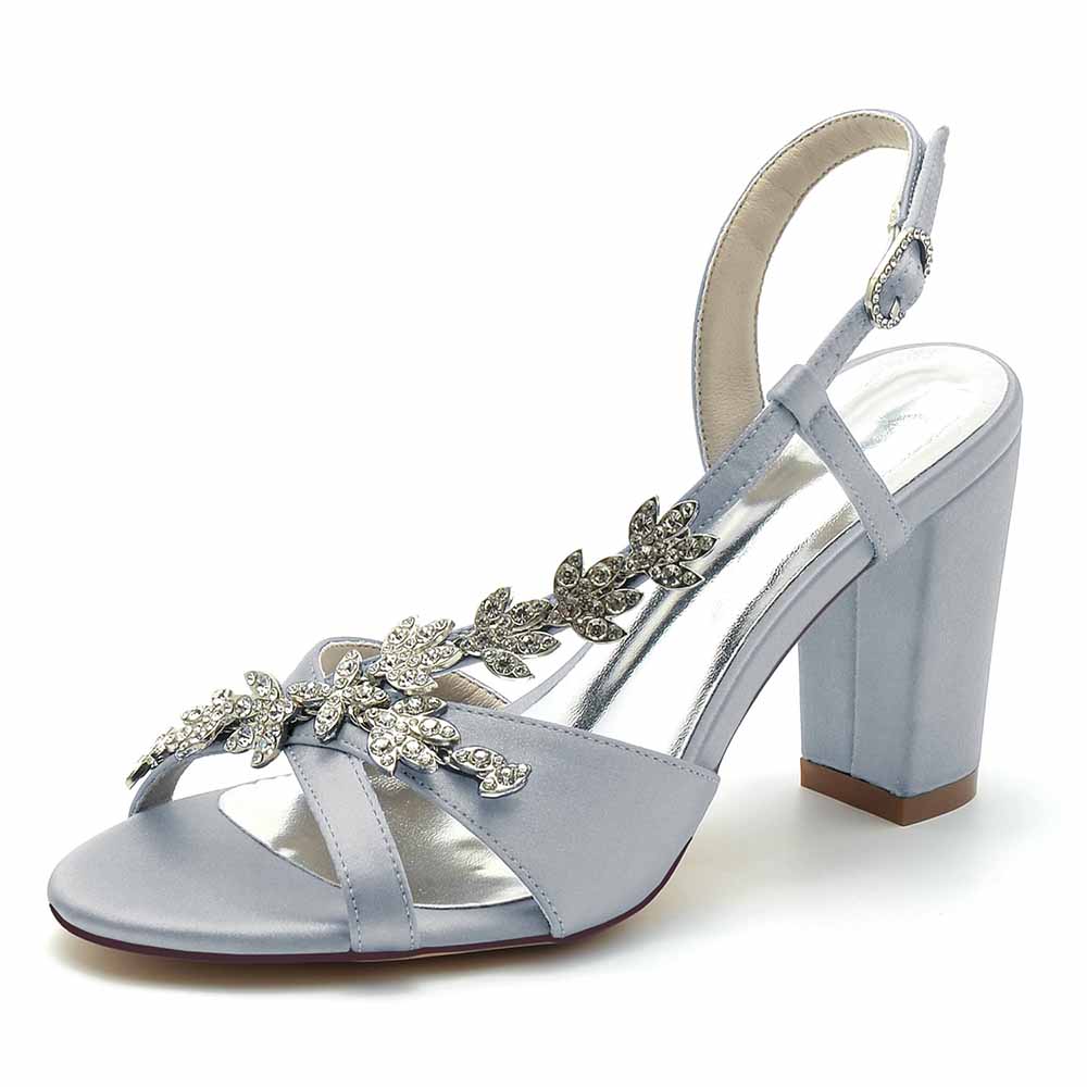 S&DCo. beaded satin prom sandals with a stylish floral design and block heel in light blue