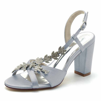 S&DCo. beaded satin prom sandals with a stylish floral design and block heel in light blue