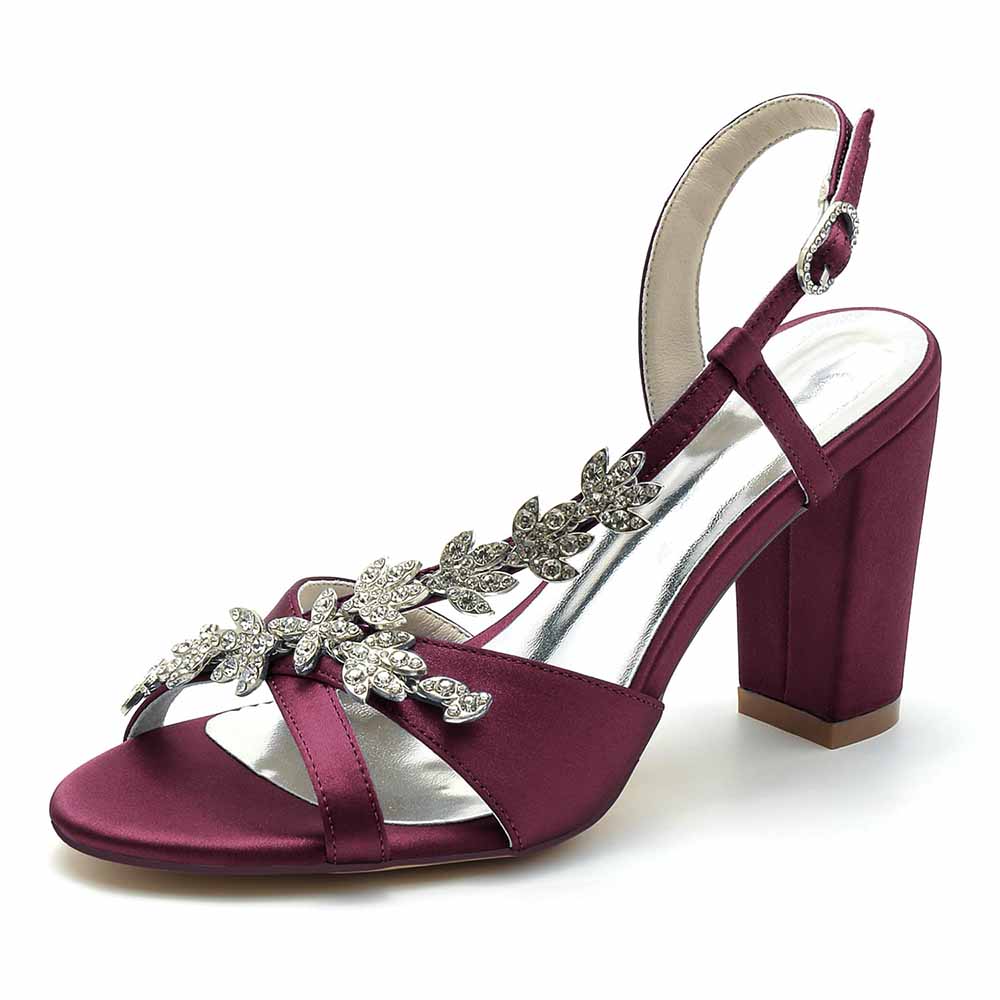 S&DCo. beaded satin prom sandals in burgundy with an elegant floral design and a block heel