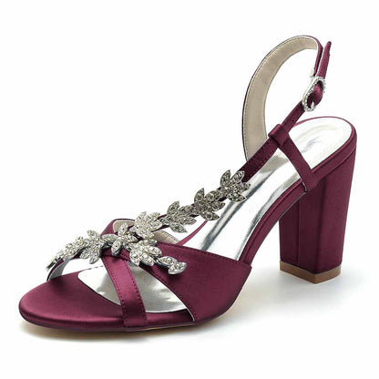 S&DCo. beaded satin prom sandals in burgundy with an elegant floral design and a block heel