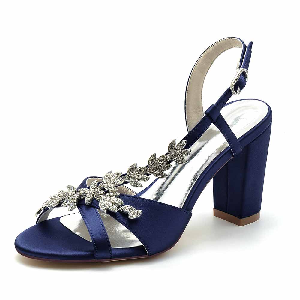 S&DCo. Beaded satin prom sandals in navy blue with stylish floral embellishments and a chunky heel