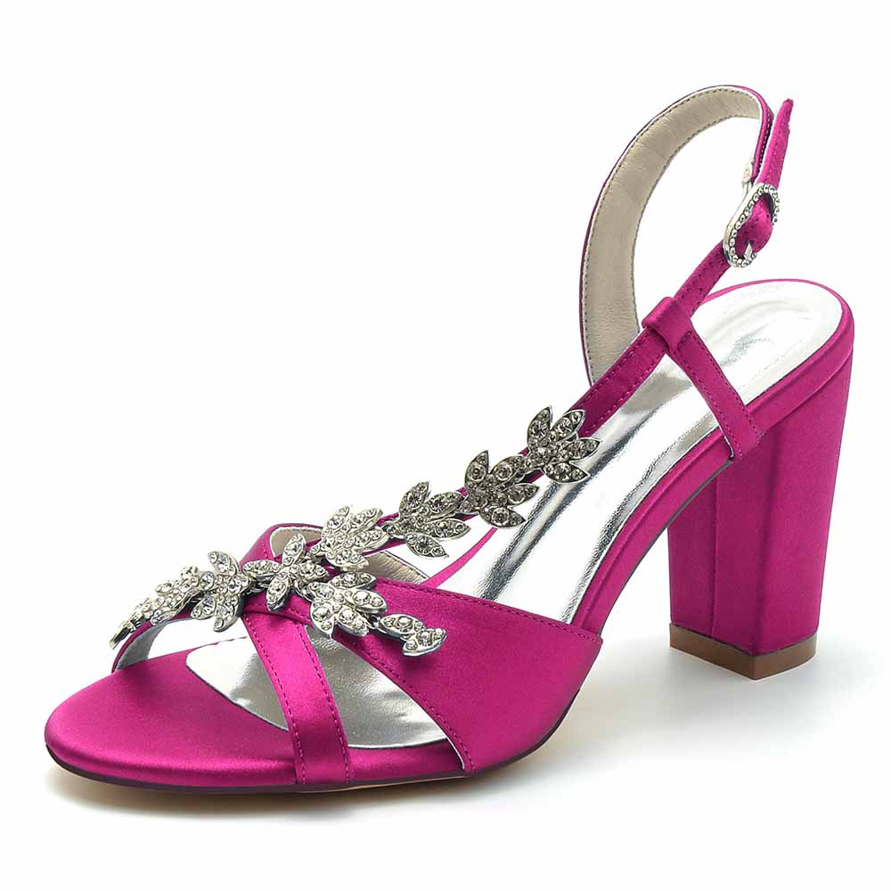 S&DCo. beaded satin prom sandals in pink with a block heel and elegant leaf embellishments