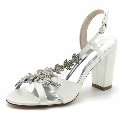 Elegant beaded satin prom sandals by S&DCo. with a stylish floral design and block heel