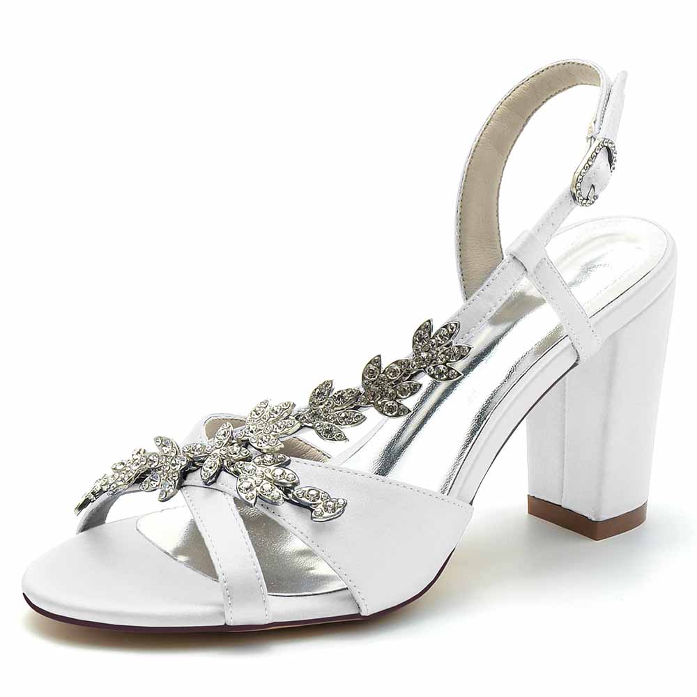 Elegant beaded satin prom sandals from S&DCo with adjustable ankle strap and block heel