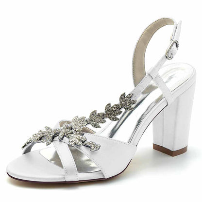 Elegant beaded satin prom sandals from S&DCo with adjustable ankle strap and block heel