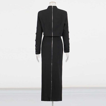 Back view of a beaded women's skirt suit in elegant black with tailored fit and detailed embellishments