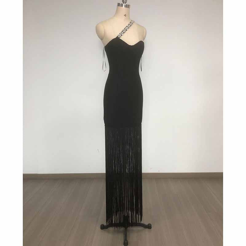Beaded One Shulder Black Maxi Dress With Tassels