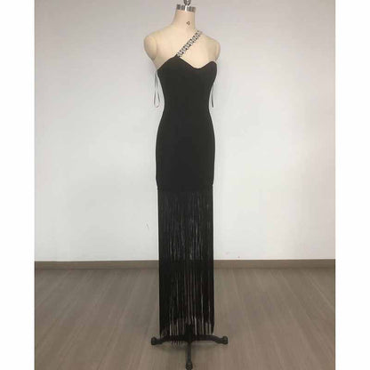 Beaded One Shulder Black Maxi Dress With Tassels