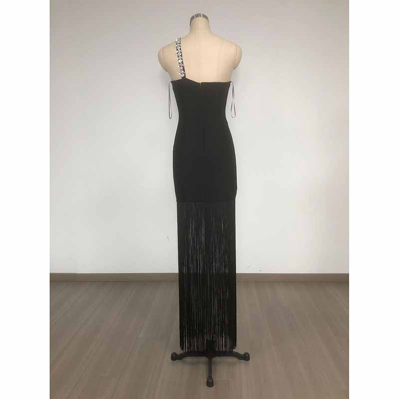 Beaded One Shulder Black Maxi Dress With Tassels
