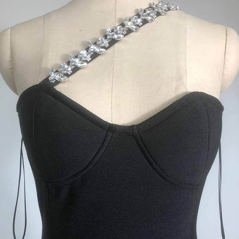 Beaded One Shulder Black Maxi Dress With Tassels