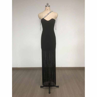 Beaded One Shulder Black Maxi Dress With Tassels