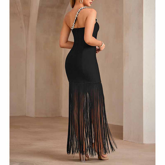 Beaded One Shulder Black Maxi Dress With Tassels