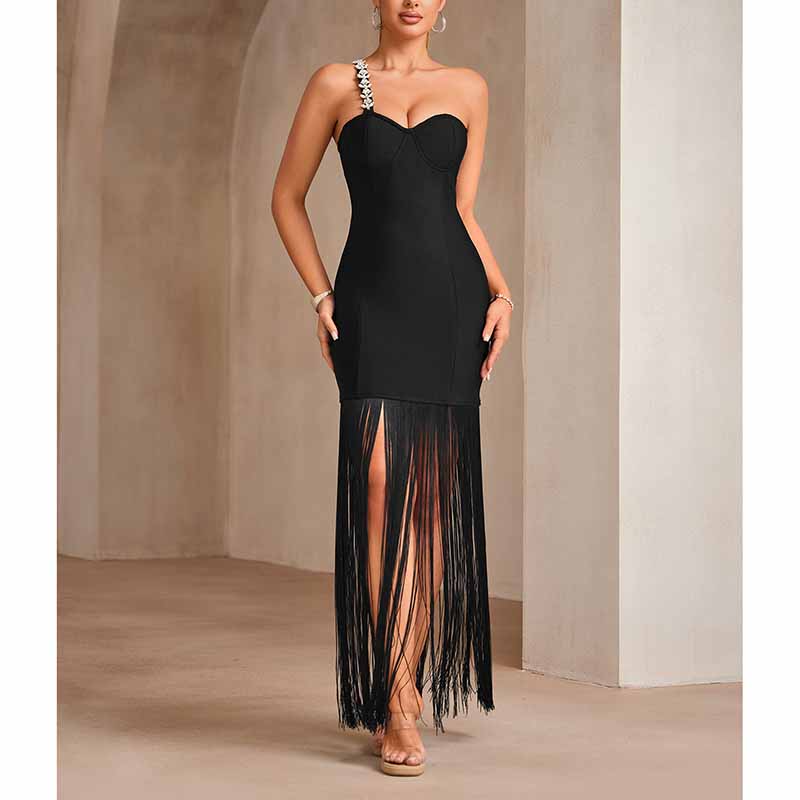 Beaded One Shulder Black Maxi Dress With Tassels