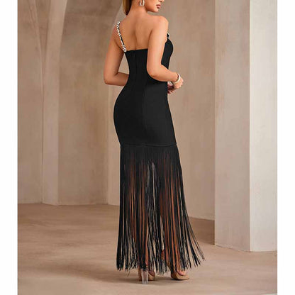 Beaded One Shulder Black Maxi Dress With Tassels