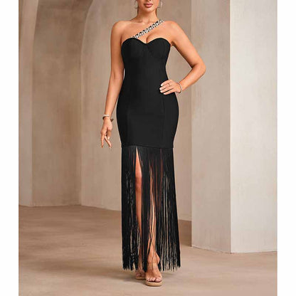 Beaded One Shulder Black Maxi Dress With Tassels