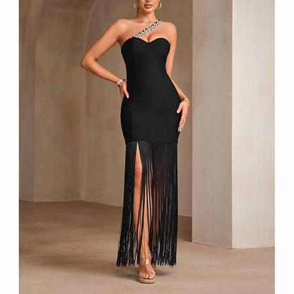 Beaded One Shulder Black Maxi Dress With Tassels
