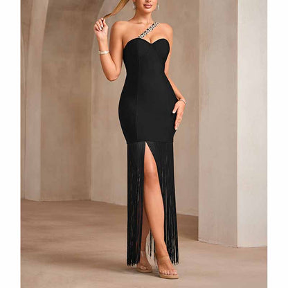 Beaded One Shulder Black Maxi Dress With Tassels