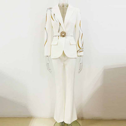 Women Formal Pantsuits With Belt hot drilling Flare Bottoms Two Pieces Pants Set