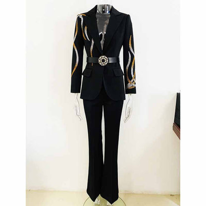 Women Wedding Pantsuits With Belt hot drilling Flare Bottoms Two Pieces Formal Suit