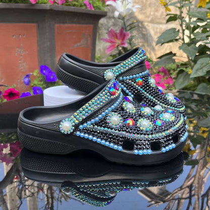 Womens Closed Toe Clog Shoes Rhinestone Sparkly Slip on Black Mules