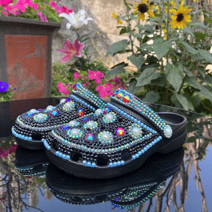 Womens Closed Toe Clog Shoes Rhinestone Sparkly Slip on Black Mules