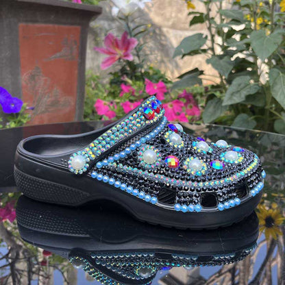 Womens Closed Toe Clog Shoes Rhinestone Sparkly Slip on Black Mules