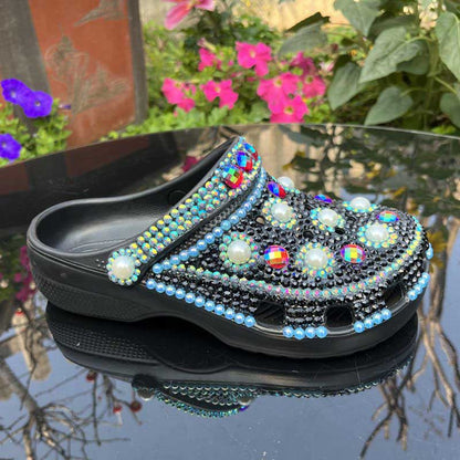 Womens Closed Toe Clog Shoes Rhinestone Sparkly Slip on Black Mules