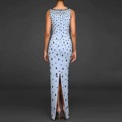 Light Blue Rain Drop Beads Embroidered Dress Long Evening Gown