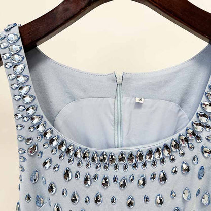 Light Blue Rain Drop Beads Embroidered Dress Long Evening Gown